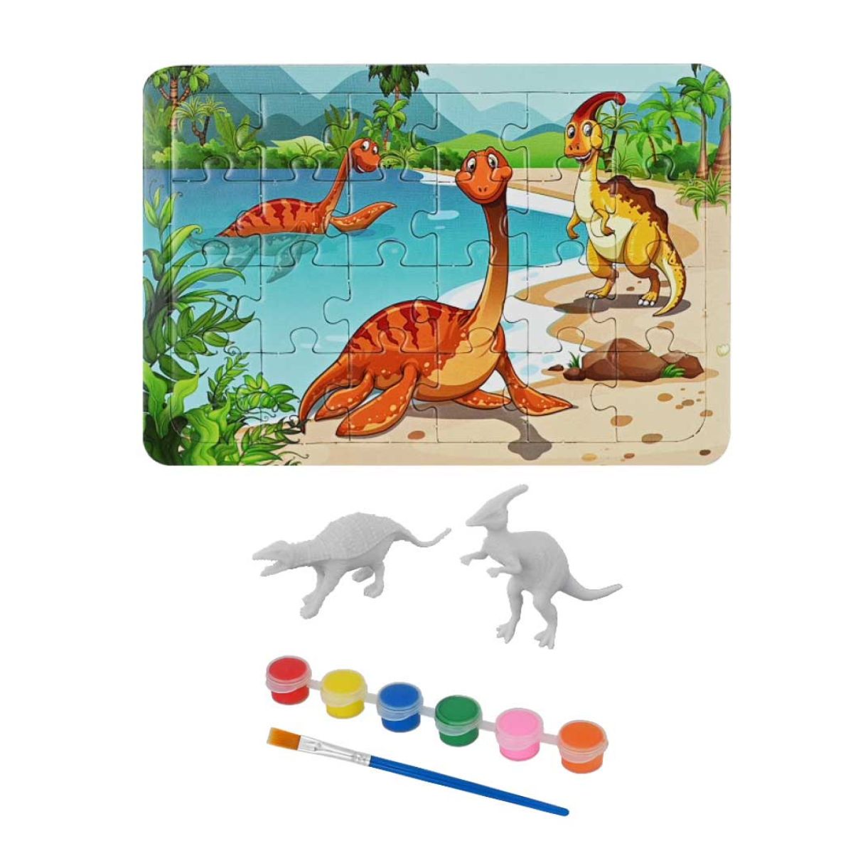 Kit Pintura Dino Com Quebra-cabeça Dinossauros Sortidos - Dm Toys Kit Pintura Dino Com Quebra-cabeça Dinossauros Sortidos - Dm Toys